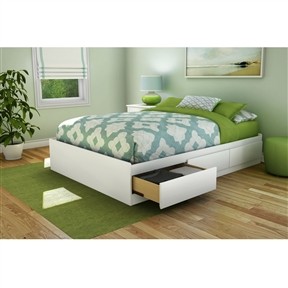 Full Size Contemporary White Platform Bed Frame with 3 Storage Drawers