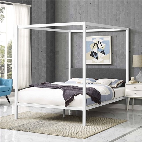 Queen Size White Metal Canopy Bed Frame with Grey Upholstered Headboard