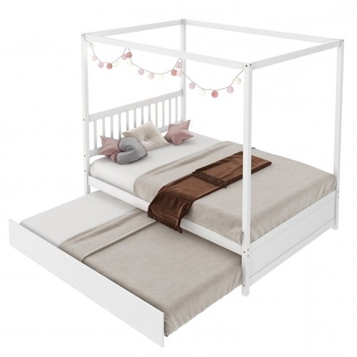 Full Size White Canopy Platform Bed with Twin Roller Trundle Bed