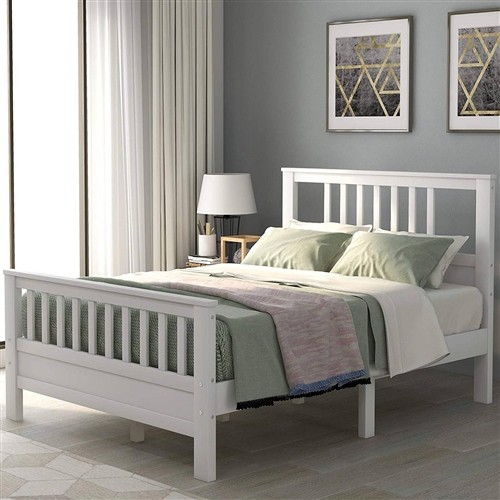 Full Size White Pine Wood Platform Bed Frame with Slatted Headboard and Footboard