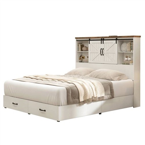 Full Size White Farmhouse Platform Bed Frame with Bookcase Headboard, Storage Drawers and Outlets