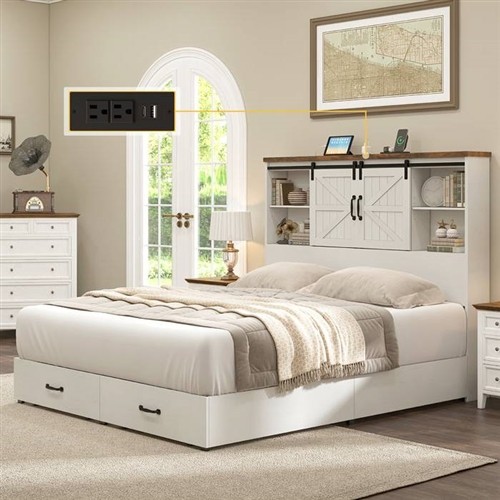 Queen Size White Farmhouse Platform Bed Frame with Bookcase Headboard, Storage Drawers and Outlets