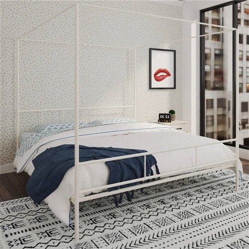 King Size White Metal Canopy Bed with Headboard and Footboard