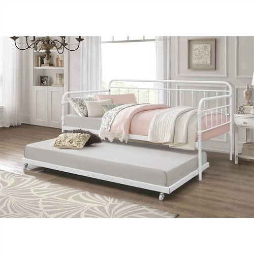 Twin Size Traditional White Metal Day Bed Frame with Twin Trundle Bed