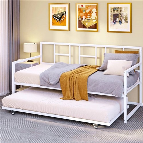 Twin Size Minimalist White Metal Day Bed Frame with Twin Trundle Bed