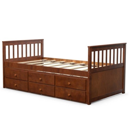 Twin Over Twin Size Walnut Wood Captains Bed Frame with Pull Out Trundle Bed and 3 Storage Drawers