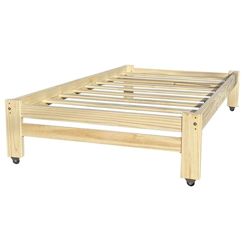 Twin Size Unfinished Solid Wood Platform Bed Frame with Casters Wheels
