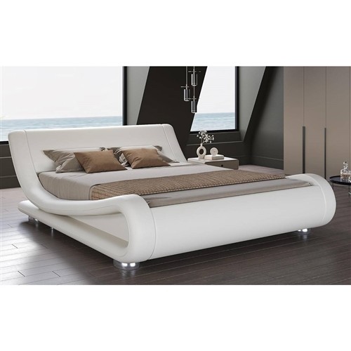Queen Size Modern White Leather Upholstered Platform Bed Frame with Sleigh Headboard