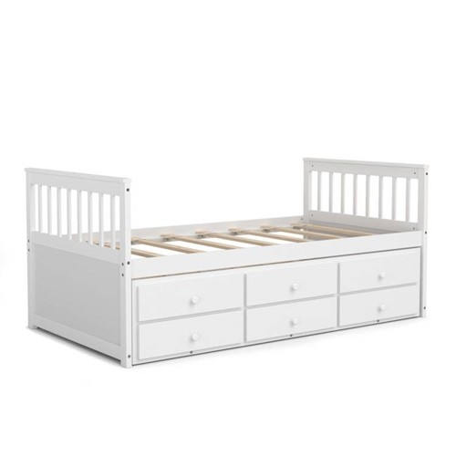 Twin Over Twin Size White Wood Captains Bed Frame with Pull Out Trundle Bed and 3 Storage Drawers