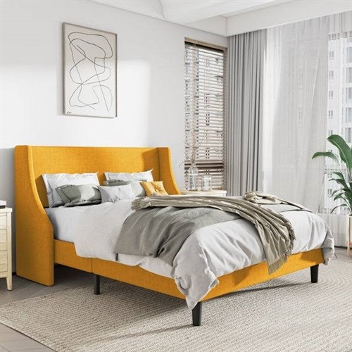 Queen Size Yellow Upholstered Platform Bed Frame with Wingback Headboard
