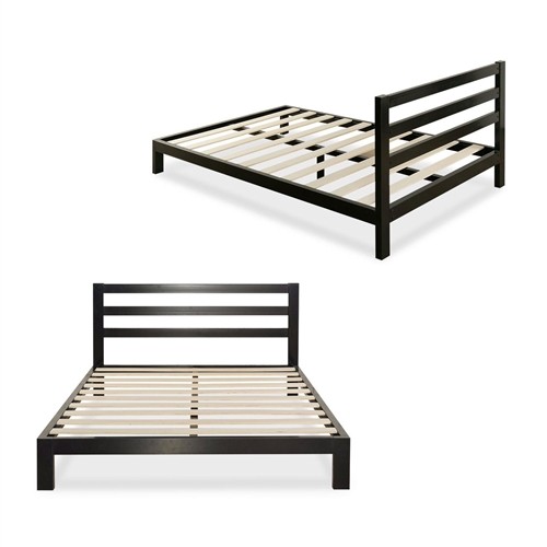 Full Size Heavy Duty Black Metal Platform Bed Frame with Headboard and Wood Slats