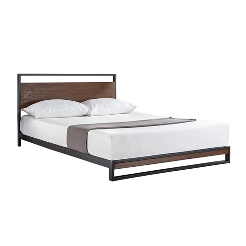 Twin Size Black Meta lPlatform Bed Frame with Rustic Wood Headboard