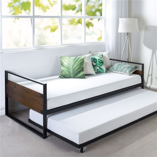Twin Size Metal and Wood Day Bed Frame with Twin Trundle Bed