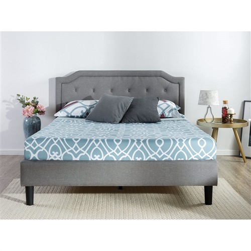 King Size Grey Upholstered Platform Bed Frame with Button Tufted Headboard