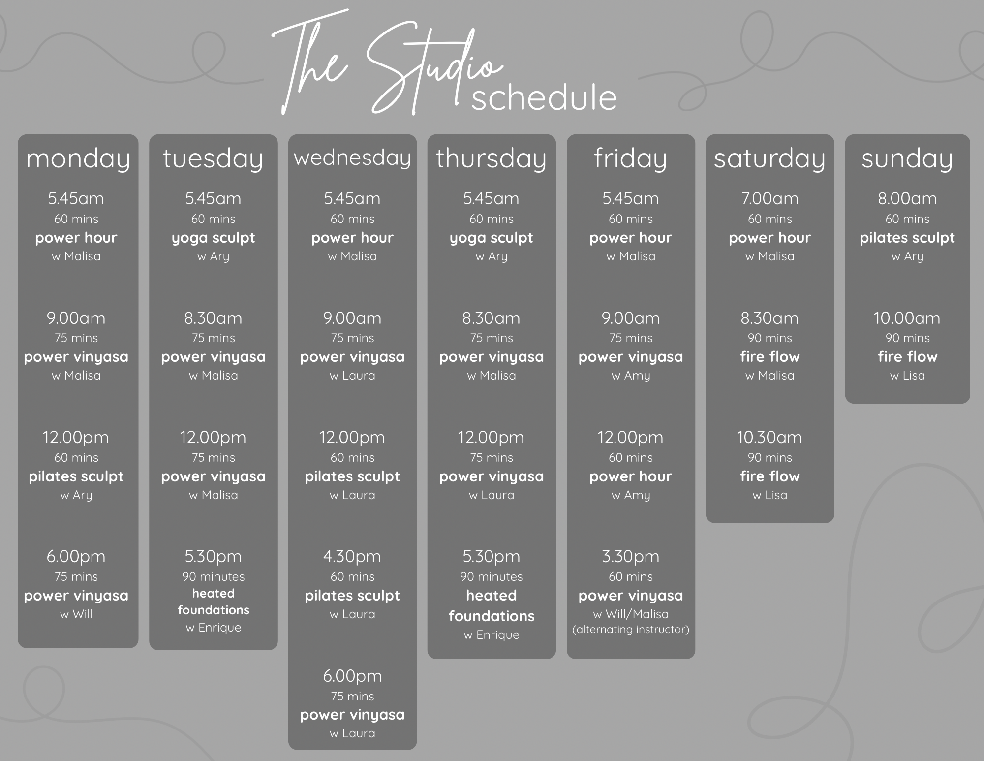 Weekly fitness class schedule for The Studio with sessions listed by day and time.