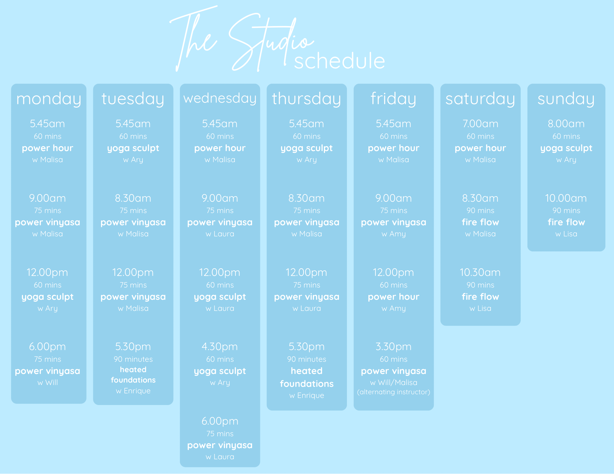 Weekly fitness class schedule for The Studio with sessions listed by day and time.