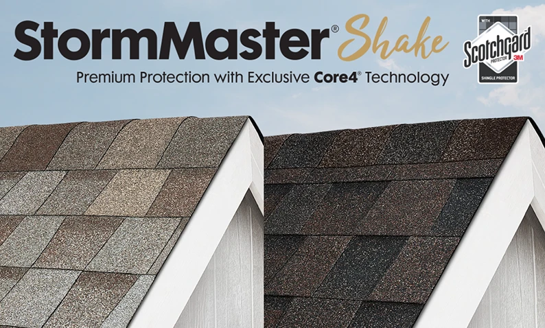 Two roofs with different colored shingles under the StormMaster Shake roofing product advertisement.