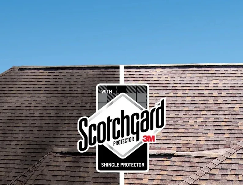 A roof divided in half, showing clean and dirty sides with a Scotchgard Protector logo in the center.