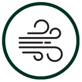 Black wind or air symbol inside a dark green circle on a white background.