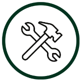 Icon of a wrench and hammer crossed inside a dark green circle on a white background.