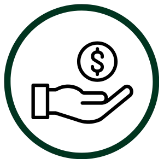Outline of a hand holding a coin with a dollar sign, inside a dark green circle.