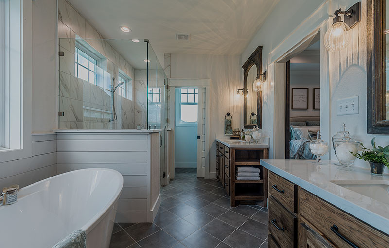 newly renovated modern farmhouse style bathroom