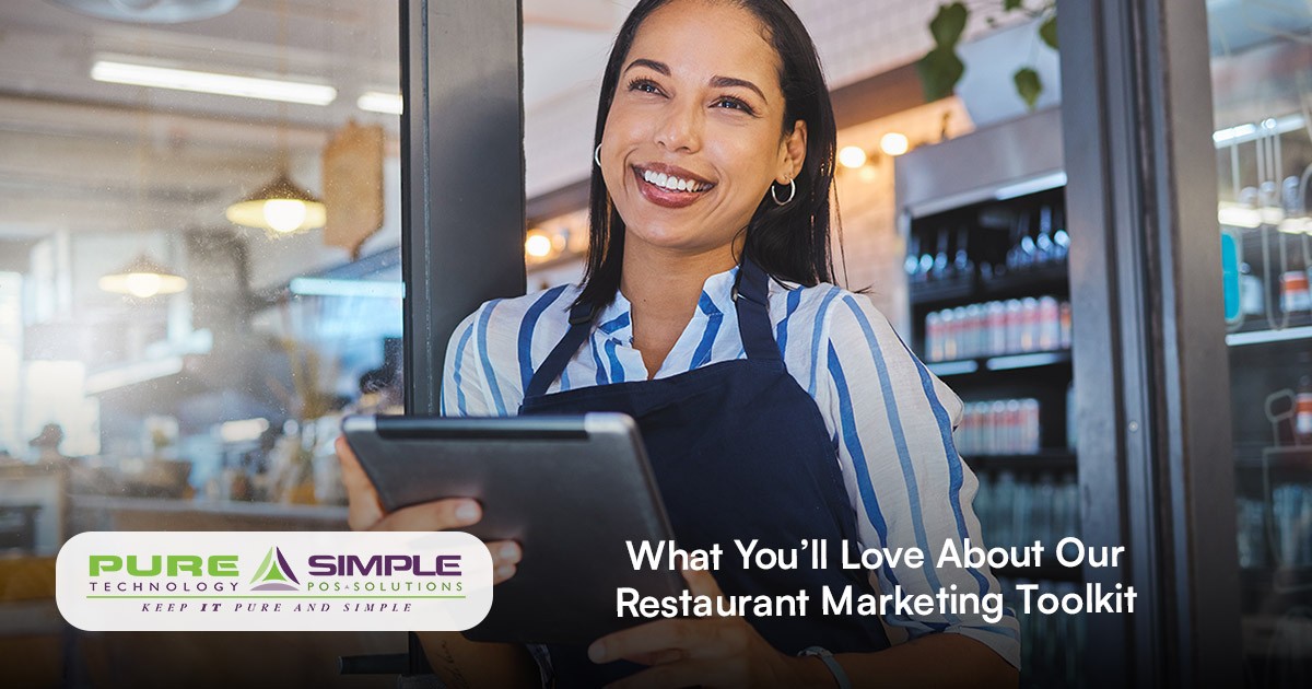 woman smiling holding a tablet wearing an apron "what you'll love about our restaurant marketing toolkit"