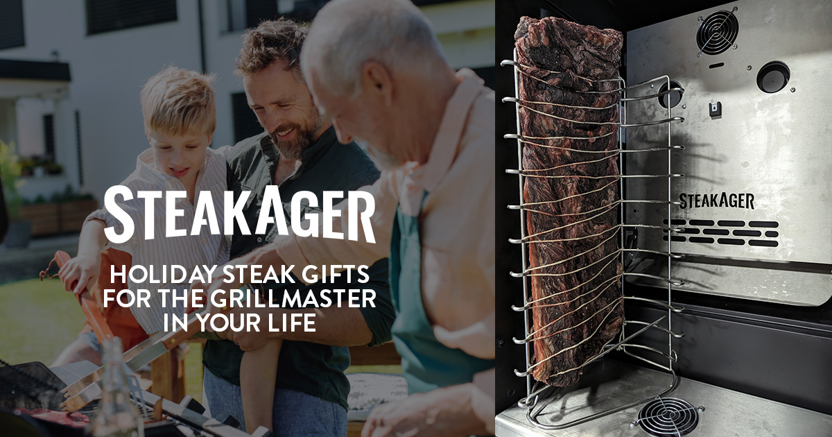 three generations of men with steakager in foreground