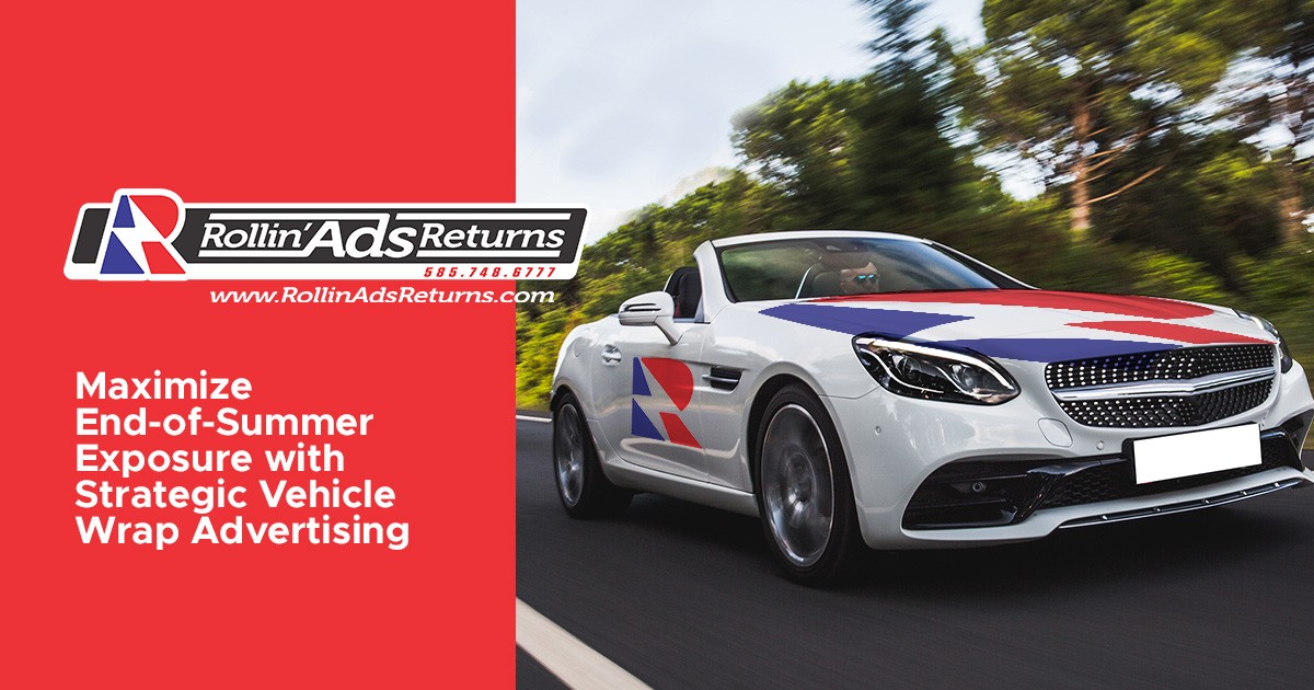 A white convertible with branded wrap drives on a road; ad promotes vehicle wrap advertising.