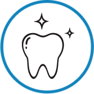 Simple tooth illustration with sparkles, enclosed in a blue circle, symbolizing dental cleanliness.