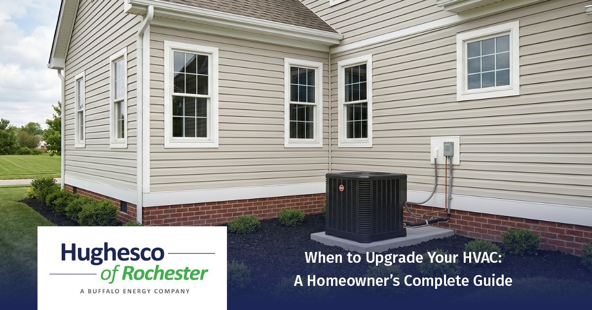 An HVAC unit sits outside a beige house; text reads, When to Upgrade Your HVAC: A Homeowners Guide.