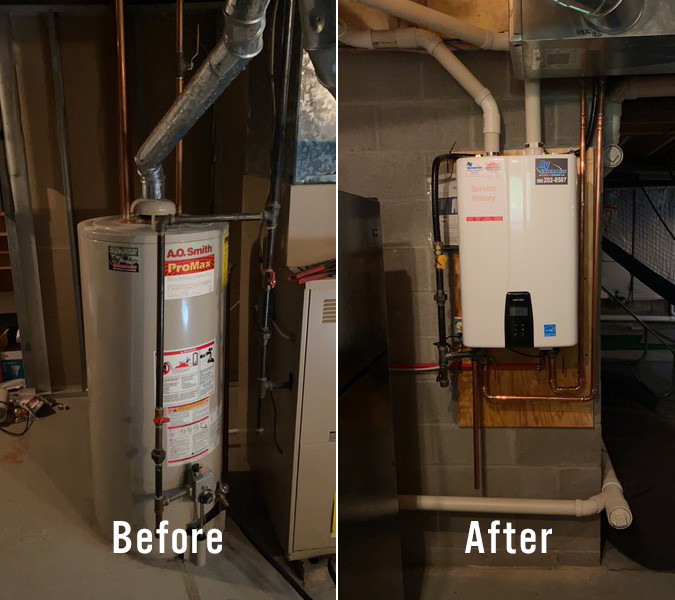 Before and after new water heater installation from AV Enterprise in Rochester NY