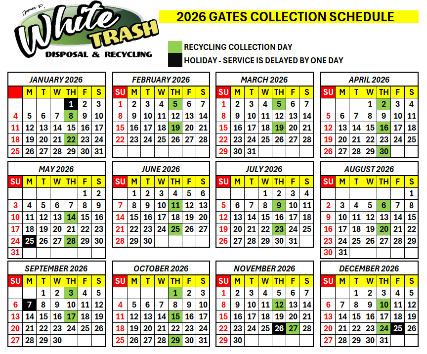 2026 calendar showing recycling and holiday schedule for White Trash Disposal Recycling.