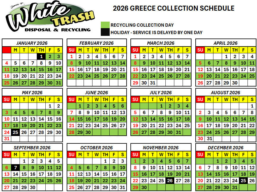 2026 Greece trash collection calendar with recycling days in green and holiday delays in yellow.