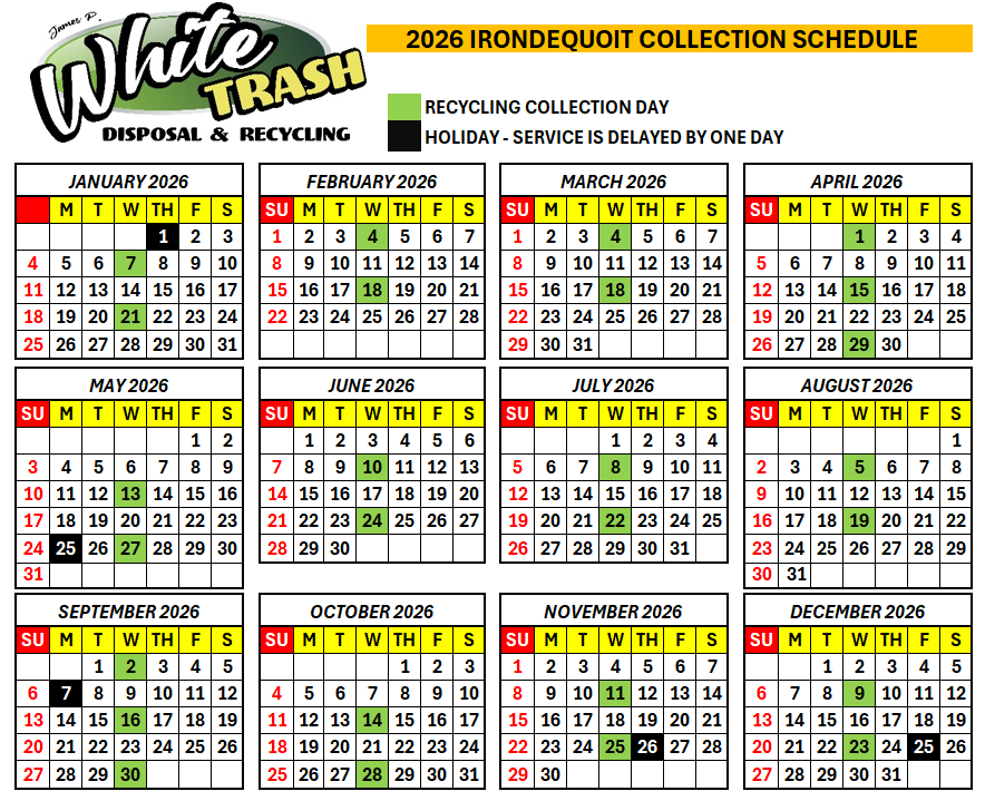 2026 Irondequoit waste calendar with green recycling days and yellow holiday delays marked.
