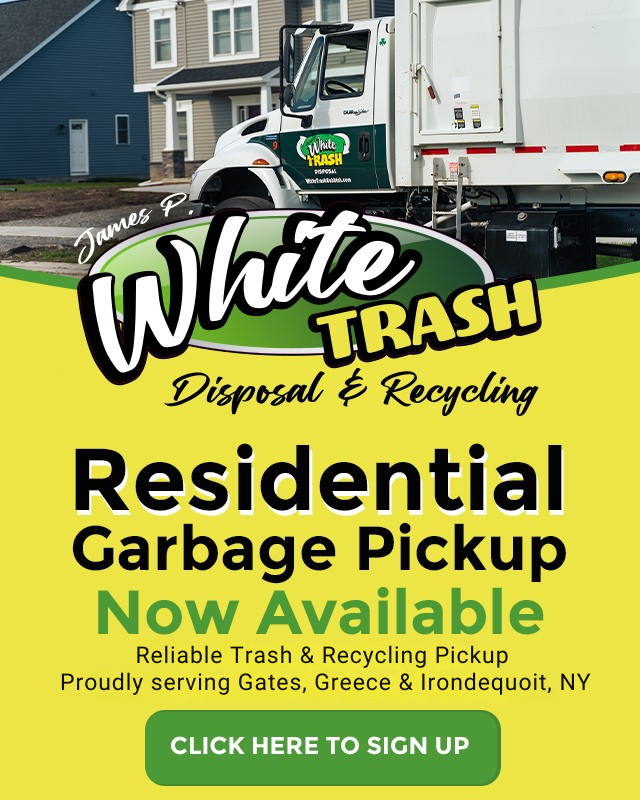 A garbage truck advertises residential garbage pickup and recycling, with a sign-up button below.