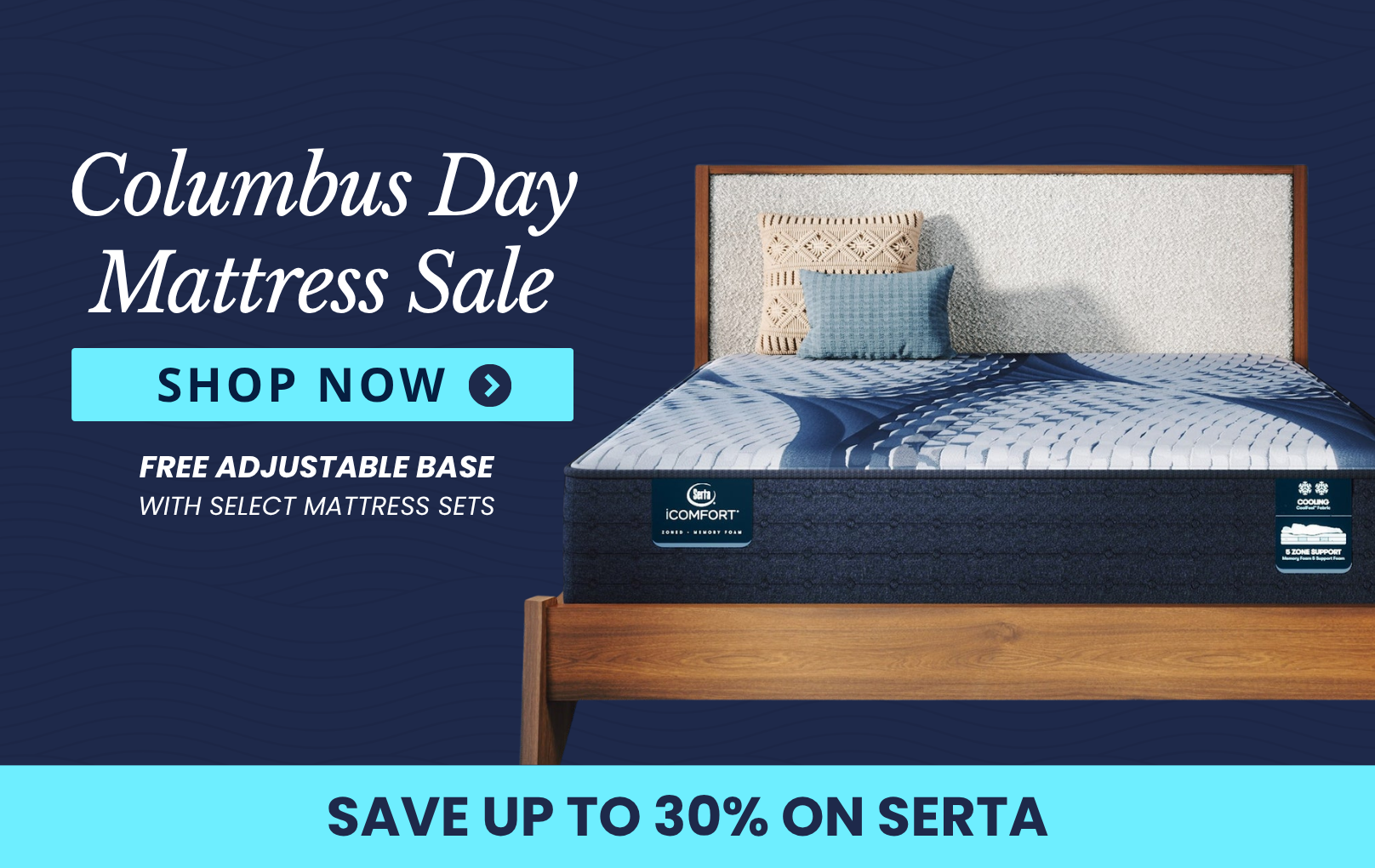 Blue and white mattress on wooden bed; text: Labor Day Mattress Sale, Save up to 30 on Serta.