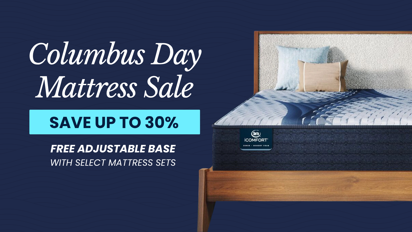 Bed with pillows and mattress; text advertises Labor Day Mattress Sale, save up to 30.