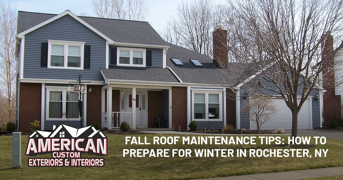 A two-story house with a banner about fall roof maintenance tips for winter in Rochester, NY.