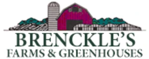 Logo with a red barn, silo, greenhouses, and text: Brenckles Farms Greenhouses underneath.