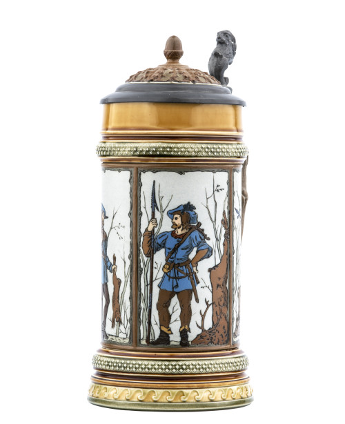 An Antique Mettlach “Hunters” Stein 1695