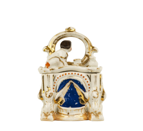 A 19th Century Victorian Staffordshire English Porcelain Fairing Trinket Box Girl Peeking Through The Mirror